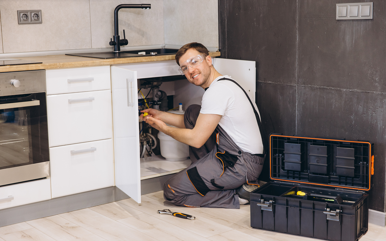 Technician working with tools in kitchen
